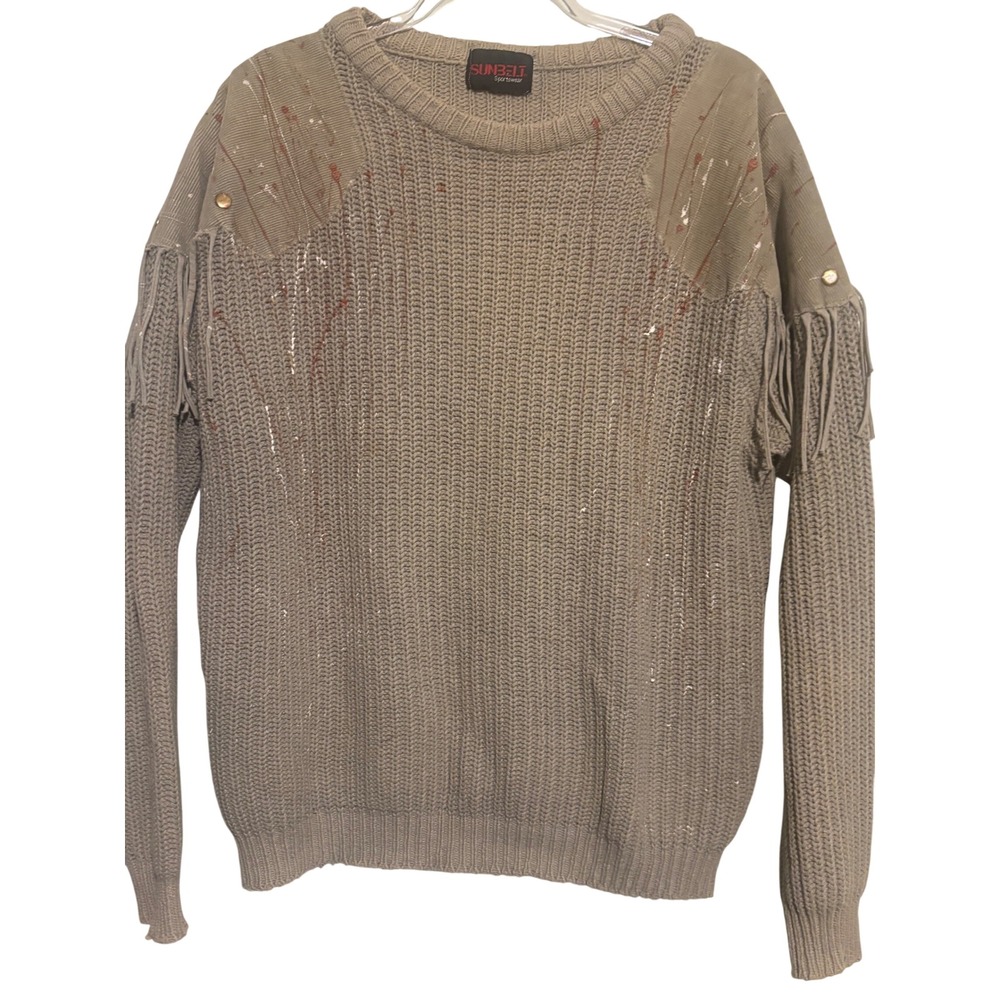 Vintage Sunbelt Sportswear Fringe Knit Sweater Corduroy Patch Tan M
